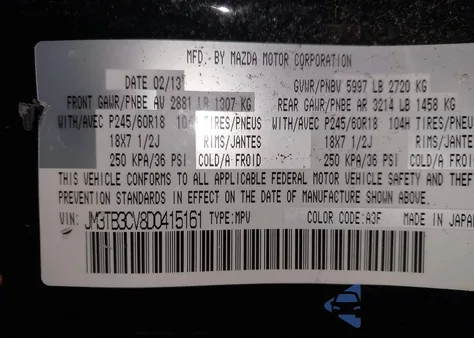 2013 Mazda Cx-9 Touring from USA, damaged, VIN JM3TB3CV8D0415161